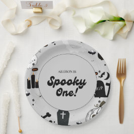 Gray Retro Grooy Spooky Ein Halloween 1. Geburtsta Pappteller