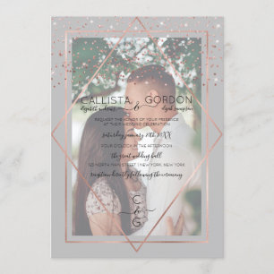 Gray Rose Gold Confetti Geo Border Foto Hochzeit Einladung