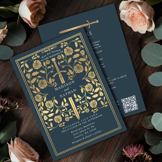 Gray Royal Medieval Gold Sword Wedding QR Code Einladung (Von Creator hochgeladen)