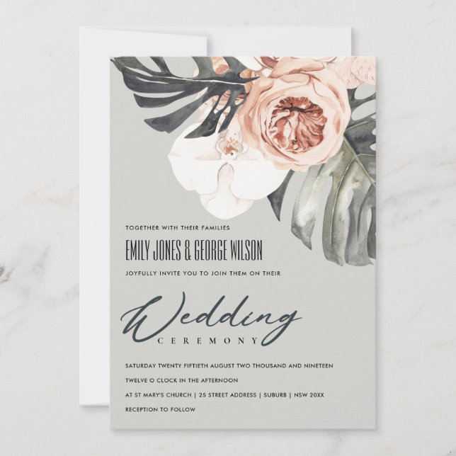 GRAY RUST FLORAL MONSTRERA LEAF WEDING INVITE DANKESKARTE (Vorderseite)