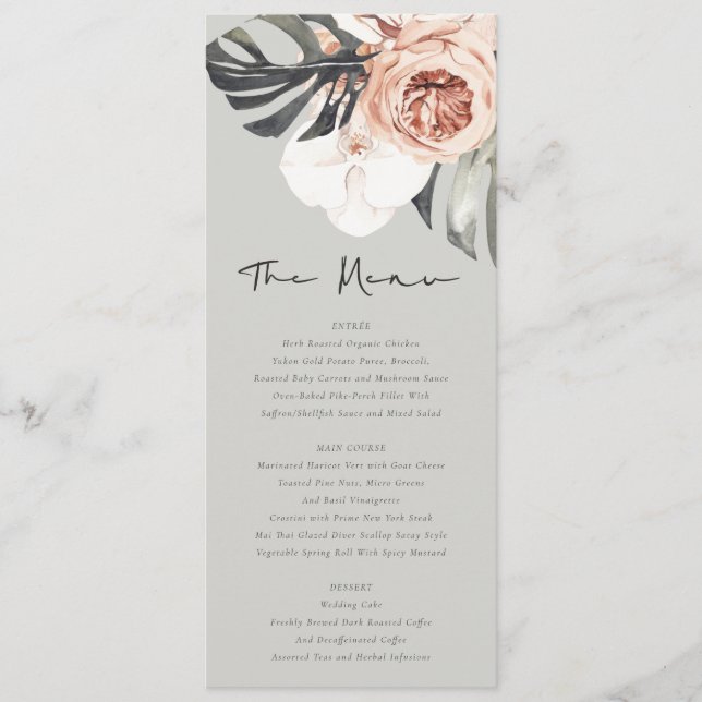 GRAY RUST MONSTRERA FLORAL WATERCOLOR WEDD MENÜKARTE (Vorderseite)
