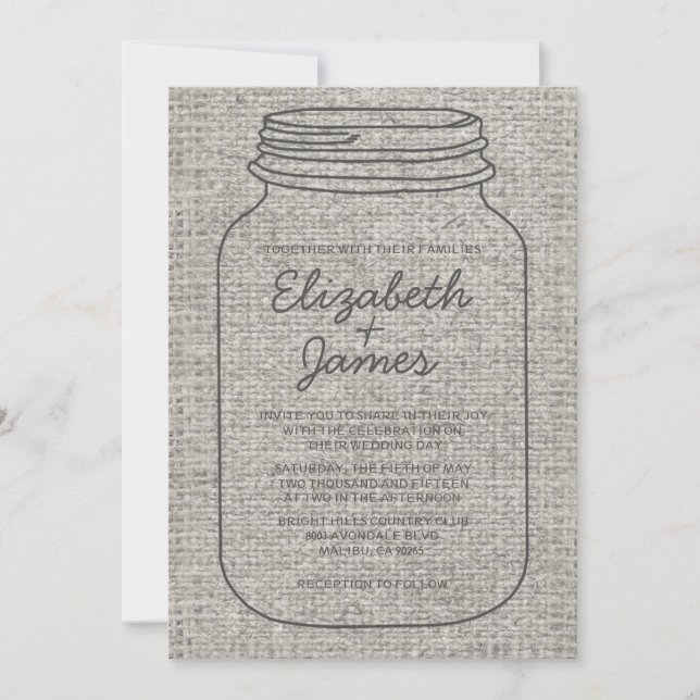 Gray Rustic Burlap Mason Jar Wedding Einladungen (Vorderseite)