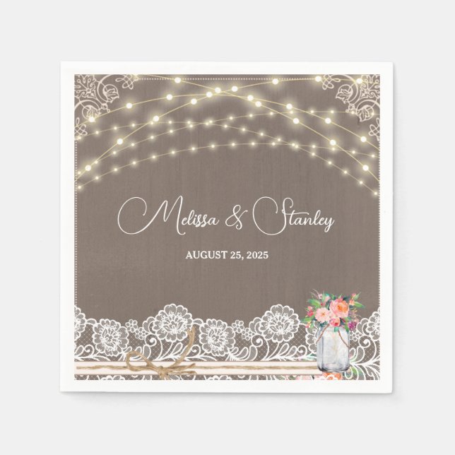 Gray Rustic Lace String Light Mason Jar Wedding Serviette (Vorderseite)