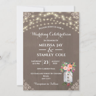 Gray Rustic Mason Jar Blume String Lights Wedding Einladung