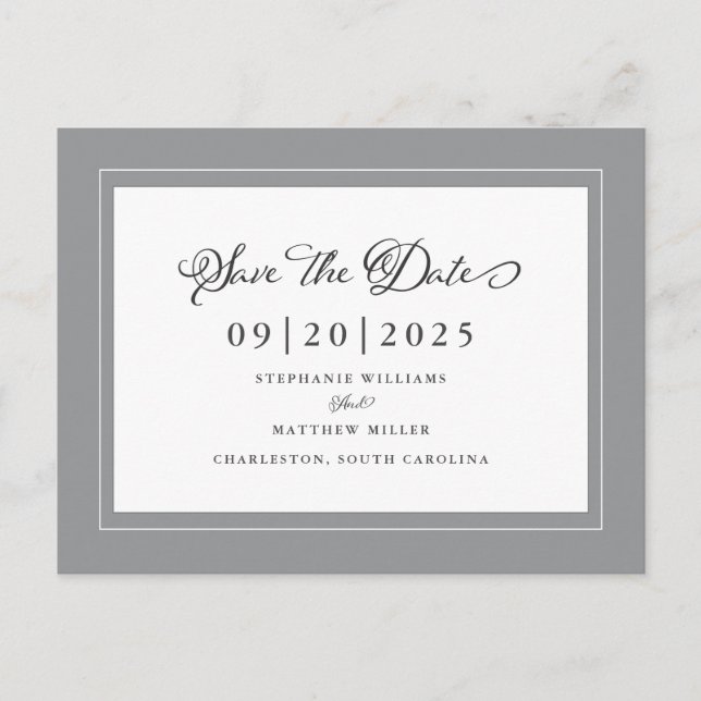 Gray Save the Date Elegant Wedding Chic Non Foto Ankündigungspostkarte (Vorderseite)