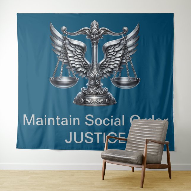 Gray Scales of Justice Attorney Office on Blue | Wandteppich (Beispiel (Horizontal))