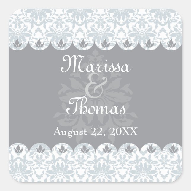 Gray-Scalloped Damask Hochzeitsticker Quadratischer Aufkleber (Vorderseite)