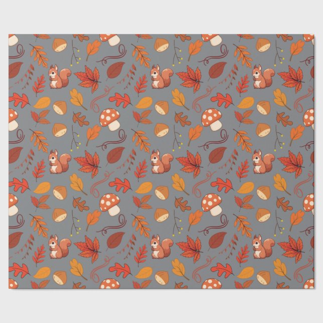 Gray Seamless Wrapping Paper: Eichhörnchen und Blä Geschenkpapier (Saum)