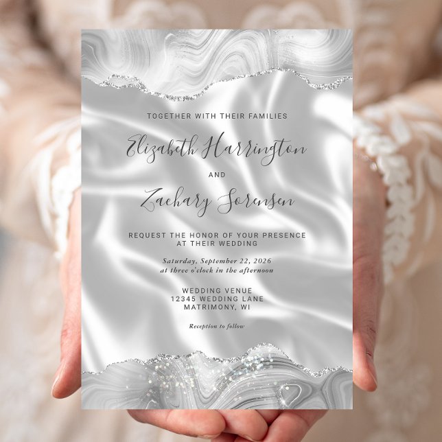 Gray Silver Agate White Silk Wedding Einladung (Von Creator hochgeladen)