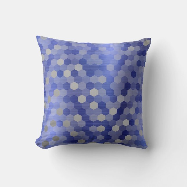 Gray Silver Cobalt Saphire Blue Hexagon Geometrie Kissen (Vorderseite)
