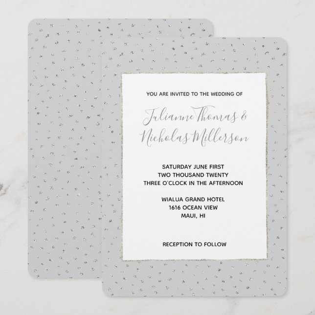 Gray Silver Confetti Wedding Invites Einladung (Vorne/Hinten)