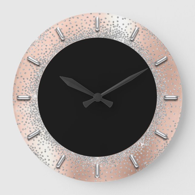 Gray Silver Crystals Black Rose Abstrakt Elegante Große Wanduhr (Vorderseite)