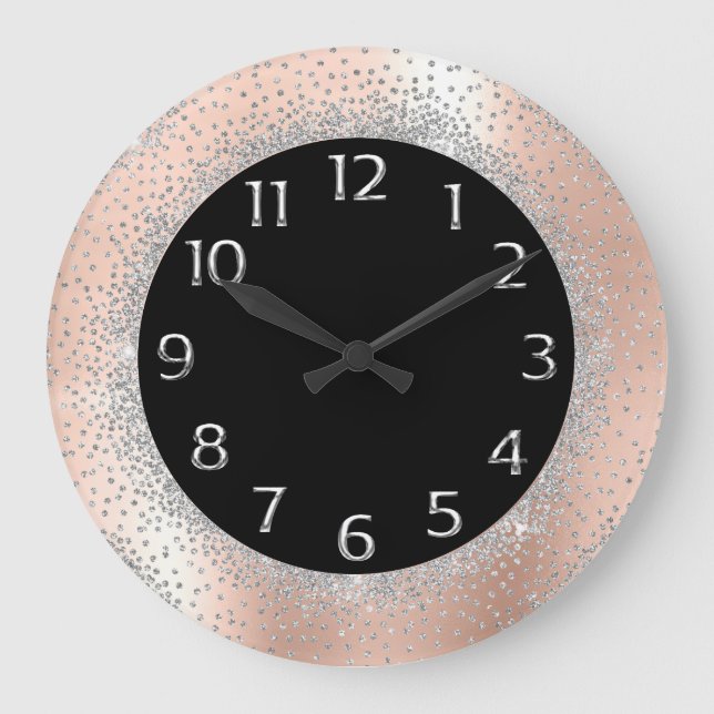 Gray Silver Crystals Black Rose Arabian Numbers Große Wanduhr (Vorderseite)