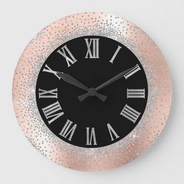 Gray Silver Crystals Black Rose Roman Numbers Große Wanduhr (Vorderseite)