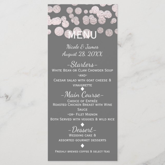 Gray Silver Dots Elegante Glam Wedding Menu Card Menükarte (Vorderseite)