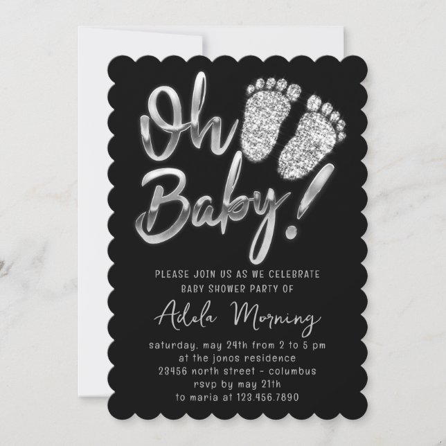 Gray Silver Feet Baby Girl Boy Dusche Black Einladung (Vorderseite)