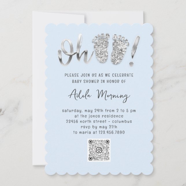 Gray Silver Glitzer Feet Baby Girl Boy Blue QRCODE Einladung (Vorderseite)