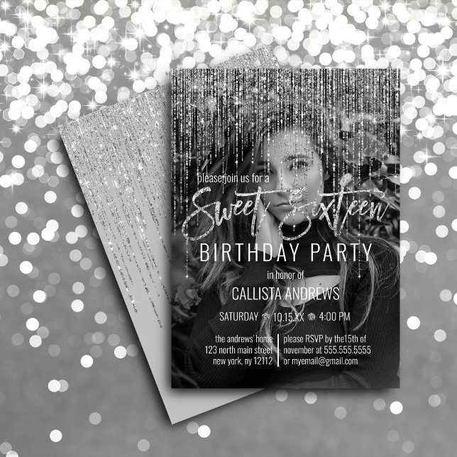 Gray Silver Glitzer Fringe Foto Sweet 16 Einladung (Von Creator hochgeladen)