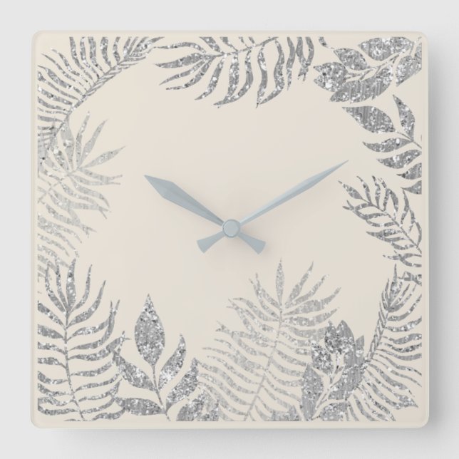 Gray Silver Ivory Metallic Palm Botanische Pastel Quadratische Wanduhr (Vorderseite)