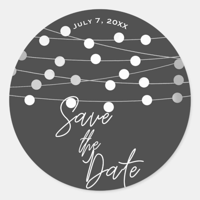 Gray Silver String Light Wedding Save the Date Runder Aufkleber (Vorderseite)
