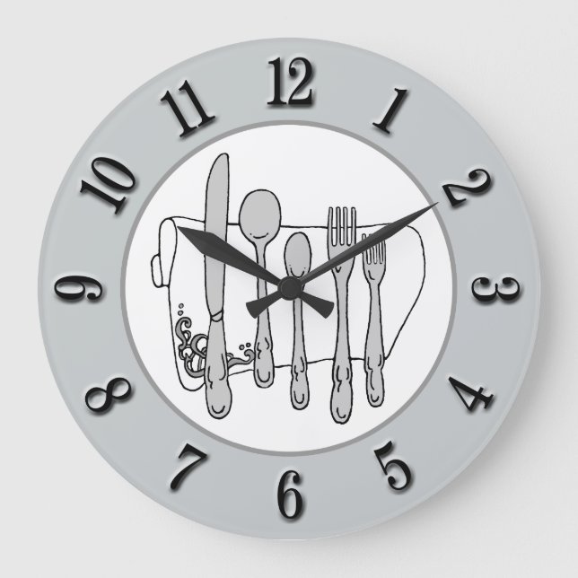 Gray Silverware White Napkin Black Number on Grey Große Wanduhr (Vorderseite)