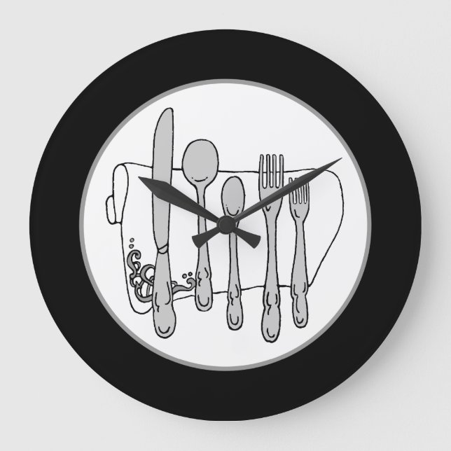Gray Silverware White Napkin No Numbers Clock Große Wanduhr (Vorderseite)