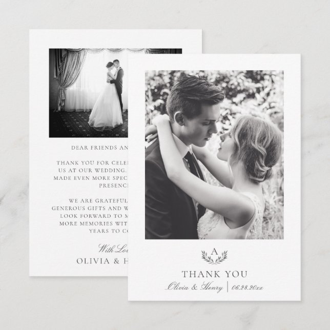 Gray Simple Elegant Monogram Wedding 2 Foto Dankeskarte (Vorne/Hinten)