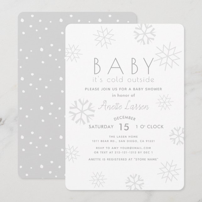 Gray Snowflakes Baby seine kalte Außendusche Einladung (Vorne/Hinten)