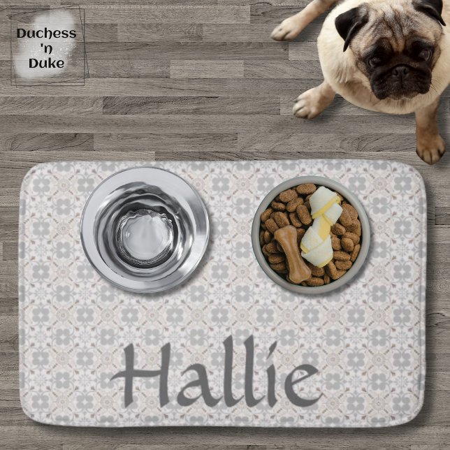 Gray Spanish Tile Pattern Absorbent Pet Mat Badematte (Dog Food Bowl - Gray Spanish Tile Personalized)