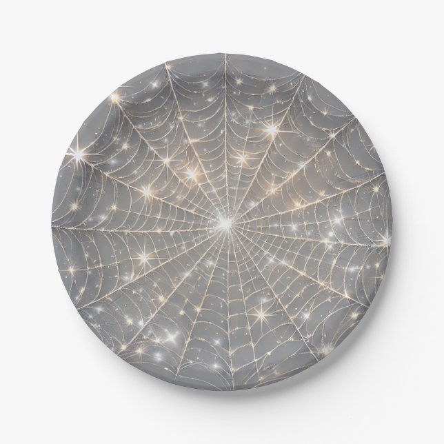 Gray Sparkle Spiderweb Halloween-Party Pappteller (Vorderseite)