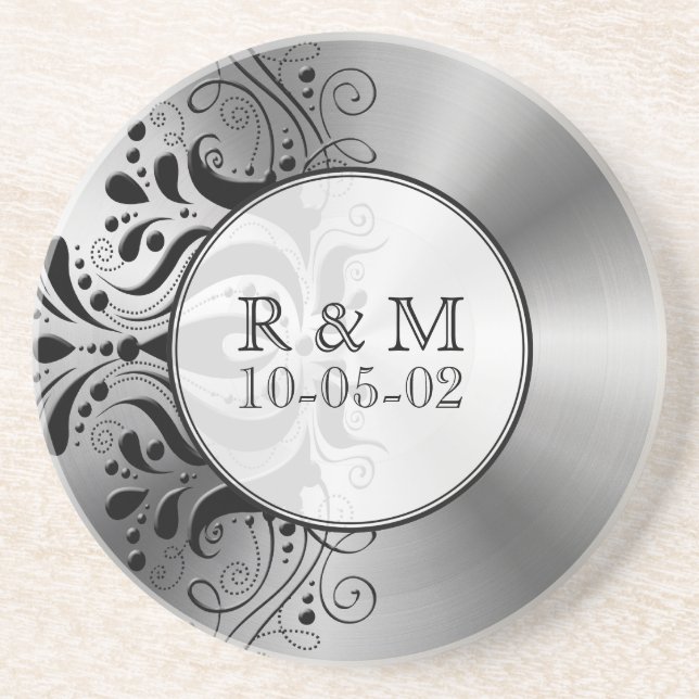 Gray Stainless Steel Look Black Floral Accent Untersetzer (Vorne)