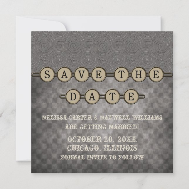 Gray Steampunk Keys Save the Date laden ein (Vorderseite)