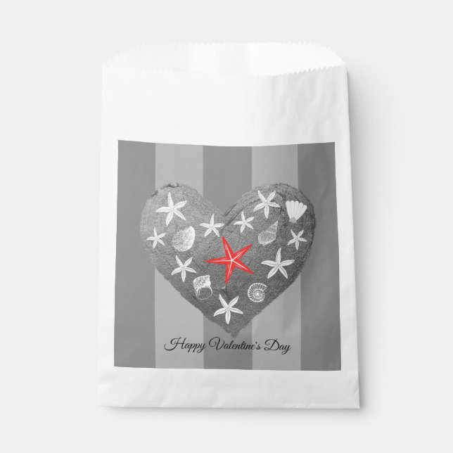 Gray Stripe Coastal Thema Seashell Starfish Herz Geschenktütchen (Vorderseite)