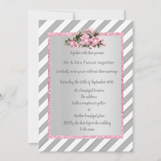 Gray Stripe pink Blume Einladung Neue Hochzeit (Vorderseite)