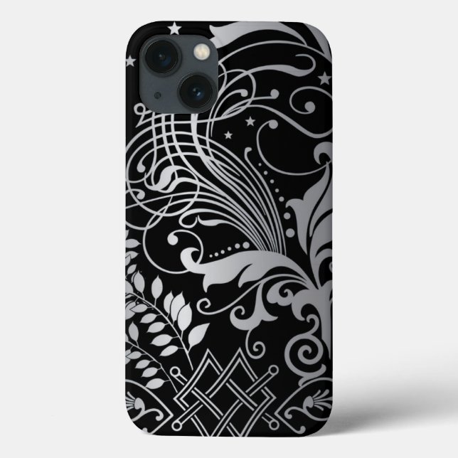 Gray SwirbelDamask Muster auf schwarz Case-Mate iPhone Hülle (Rückseite)
