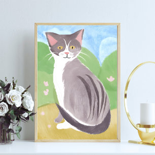 Gray Tabby Cat   Aquarellmalerei Poster