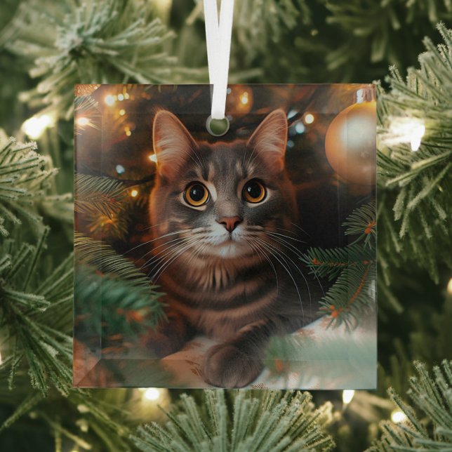 Gray Tabby Cat Glass Ornament (Insitu)