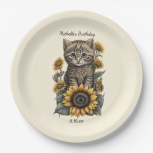 Gray Tabby Cat Kitten Sunflores Geburtstag Pappteller
