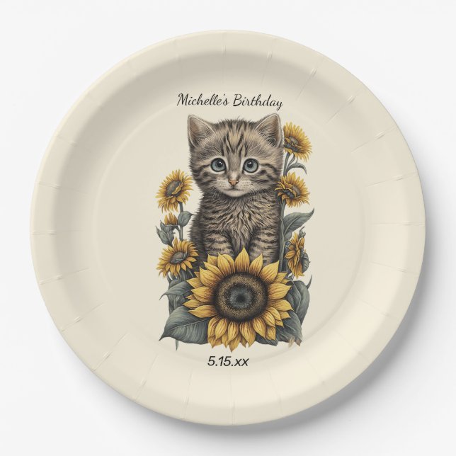 Gray Tabby Cat Kitten Sunflores Geburtstag Pappteller (Vorderseite)