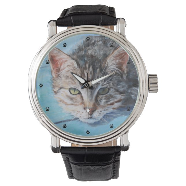 Gray Tabby Cat Kunstvoll und ganz Armbanduhr (Vorderseite)