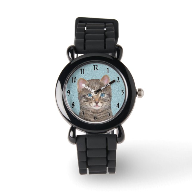 Gray Tabby Cat Painting - Niedliche Original Cat A Armbanduhr (Vorderseite)