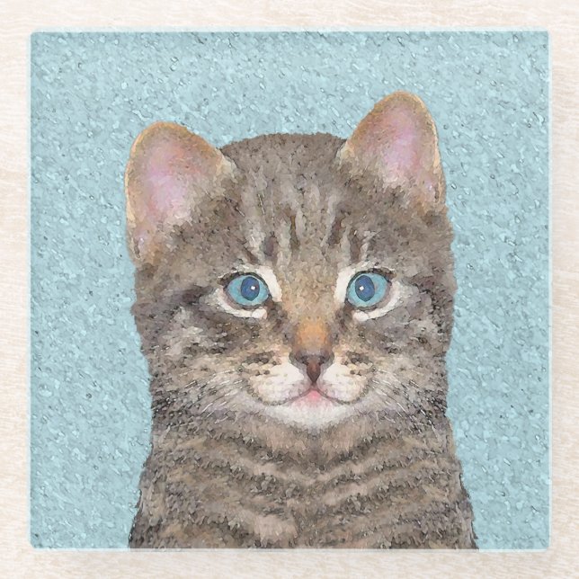 Gray Tabby Cat Painting - Niedliche Original Cat A Glasuntersetzer (Vorderseite)