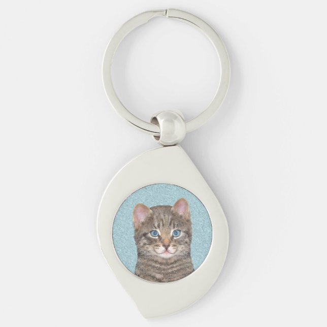 Gray Tabby Cat Painting - Niedliche Original Cat A Schlüsselanhänger (Vorderseite)
