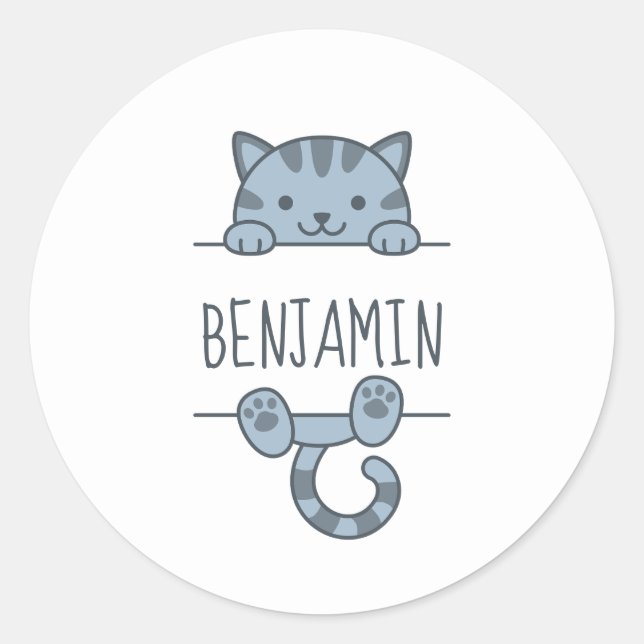 Gray Tabby Cat Peeking hinter Individuelle Name Runder Aufkleber (Vorderseite)