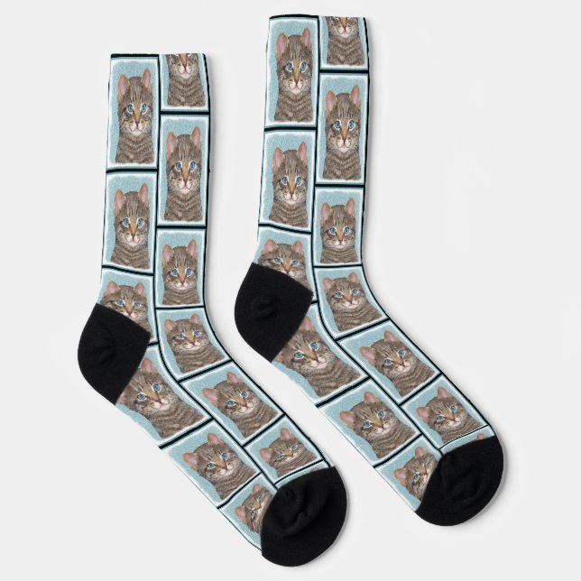 Gray Tabby Cat Portrait Malerei Niedliche Kunst Socken (Rechts)