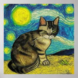 Gray Tabby Cat Starry Night Artwork Van Gogh Poster