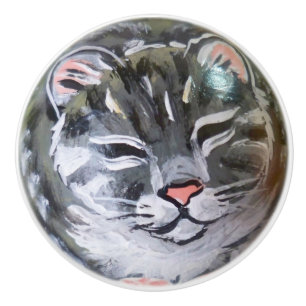 Gray Tabby Kat Kitten Schubfach Kabinett Türknopf Keramikknauf