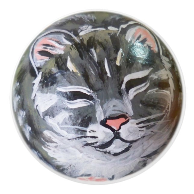 Gray Tabby Kat Kitten Schubfach Kabinett Türknopf  Keramikknauf (Vorderseite)