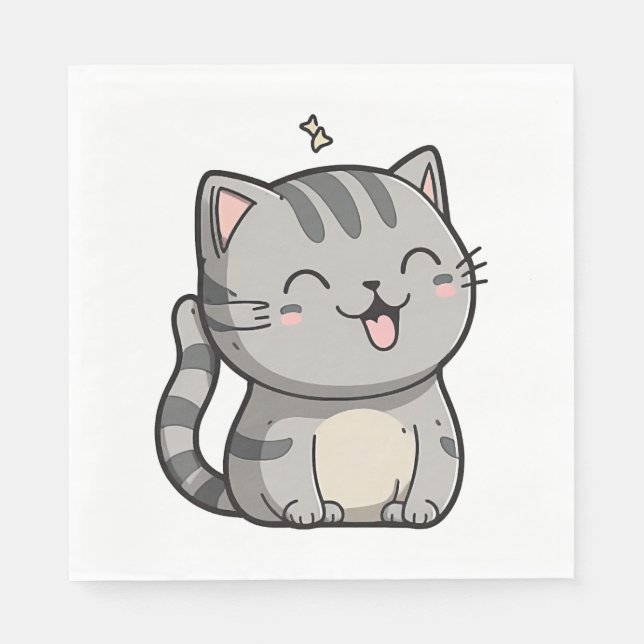 Gray Tabby Kawaii Smiling Cat Serviette (Vorderseite)