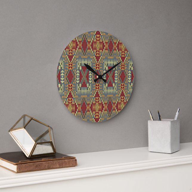 Gray Tan Brown Ochre Ivory Red Tribal Art Muster Große Wanduhr (Büro)